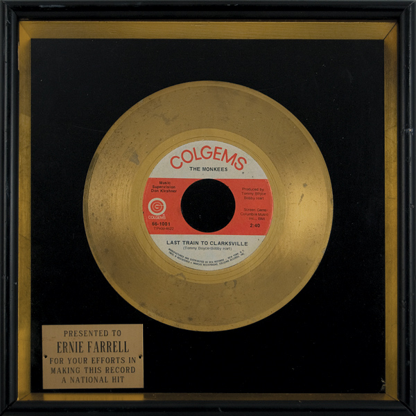 The Monkees "Last Train To Clarksville" Gold Single Record Award