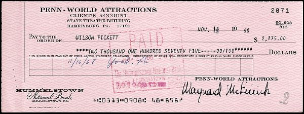 Wilson Pickett Endorsed Check with Photograph