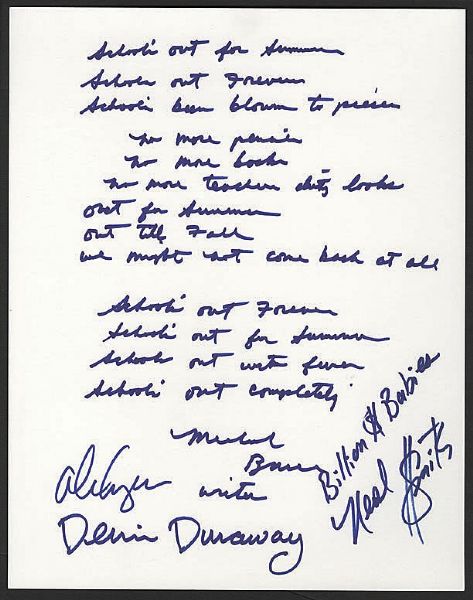 Alice Cooper Signed "Schools Out" Handwritten Lyrics