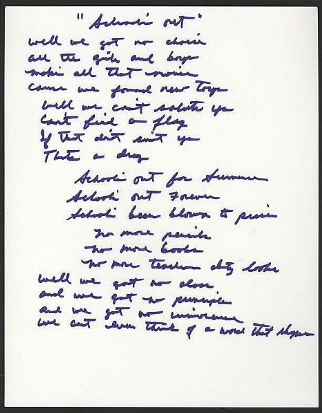 Alice Cooper "Schools Out" Handwritten Lyrics