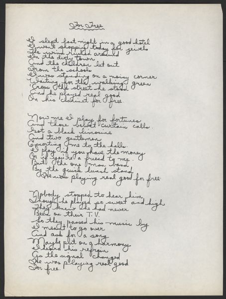 Joni Mitchell Handwritten "For Free" Lyrics