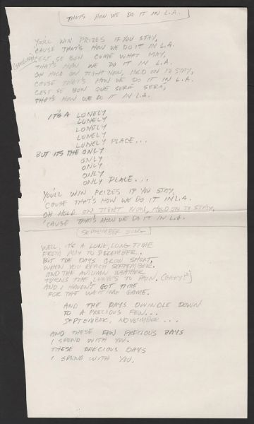 Lyndsey Buckingham Handwritten "Thats How We Do It" & "September Song" Lyrics