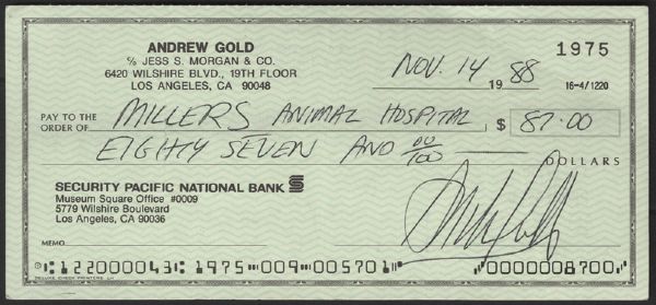 Andrew Gold Handwritten & Signed Personal Check