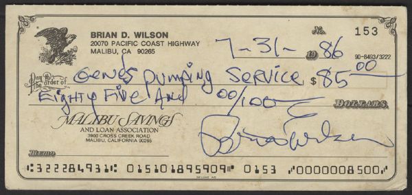 Brian Wilson Signed & Filled Out Personal Check