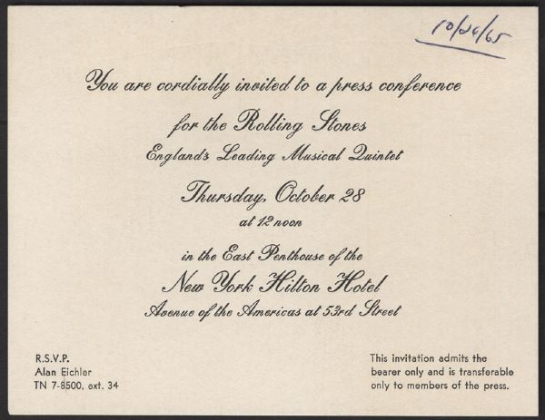 Rolling Stones 1965 Press Conference Invitation