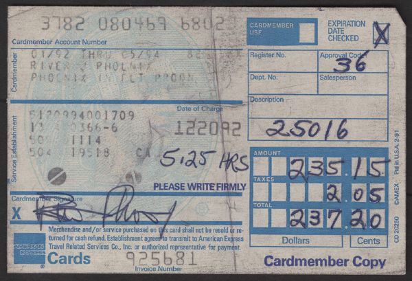 River Phoenix Signed Amex Receipt