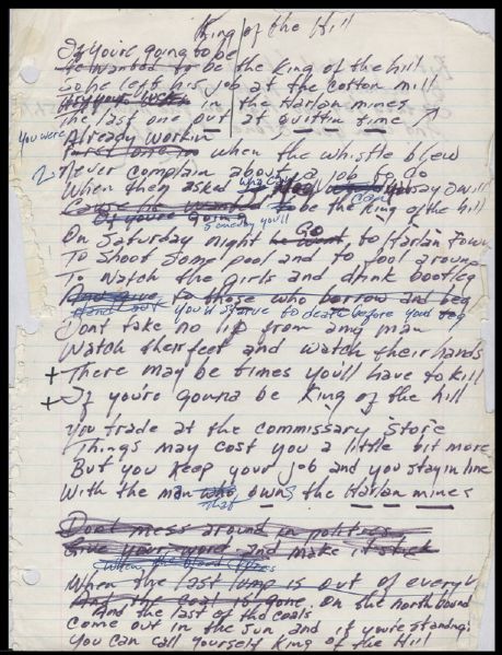 Johnny Cash Handwritten Lyrics to “King of the Hill”