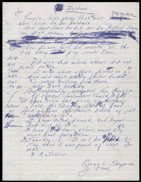 Johnny Cash Handwritten Lyrics to “Soldier”