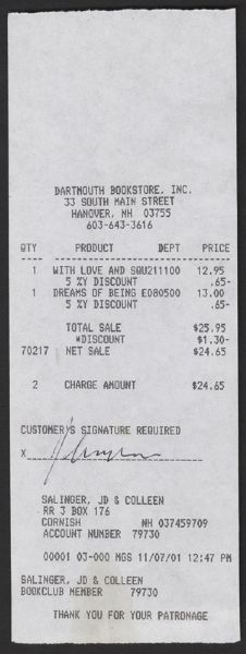 J.D. Salinger Signed Book Store Receipt