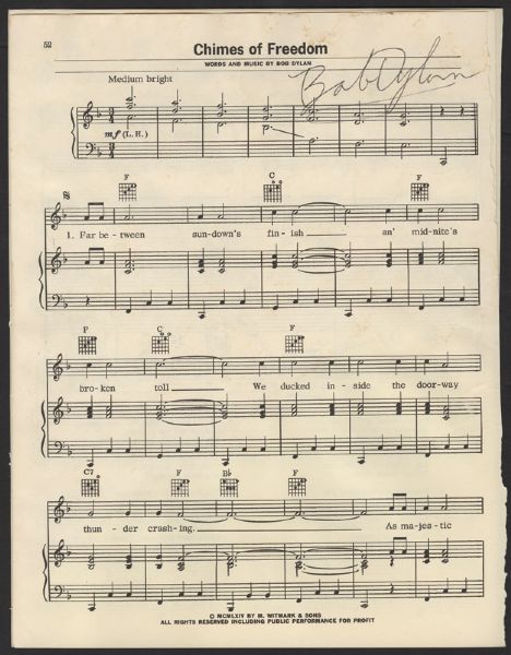 Bob Dylan Signed "Chimes of Freedom" Sheet Music