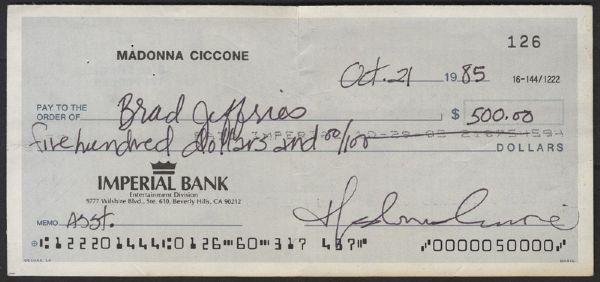 Madonna Signed "Madonna Ciccone" Handwritten Check 