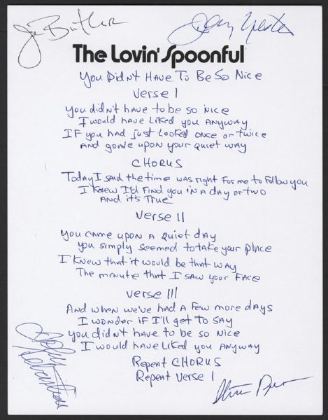 Lovin Spoonful Handwritten & Signed “You Didn’t Have To Be So Nice” Lyrics 