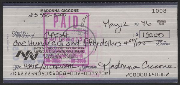 Madonna Ciccone Signed Handwritten Check