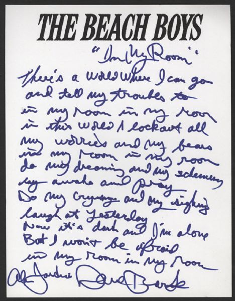 Beach Boys Handwritten & Signed "In My Room" Lyrics