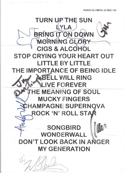 Oasis Signed Concert Used Setlist