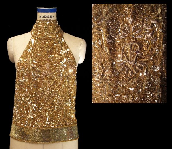 Andre Van Pier Custom Made Gold Sequin Halter Top With Embroidered AVP