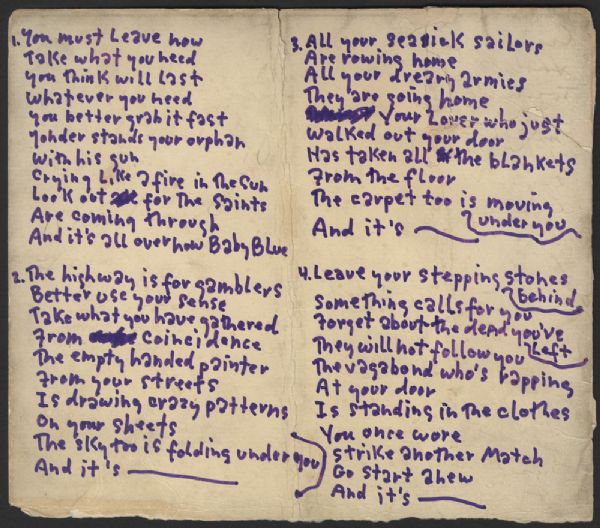 Bob Dylan Handwritten "Its All Over Now, Baby Blue" Working Lyrics With Sketch On Verso