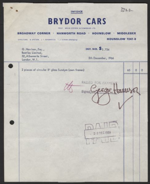 George Harrison 1966 Signed Invoice