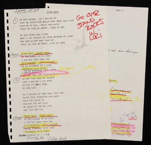 Stevie Nicks Hand Annotated "Stand Back" Lyrics