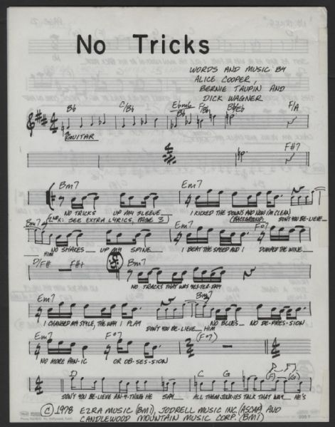 Alice Cooper Handwritten Lyrics and Score for "No Tricks" 