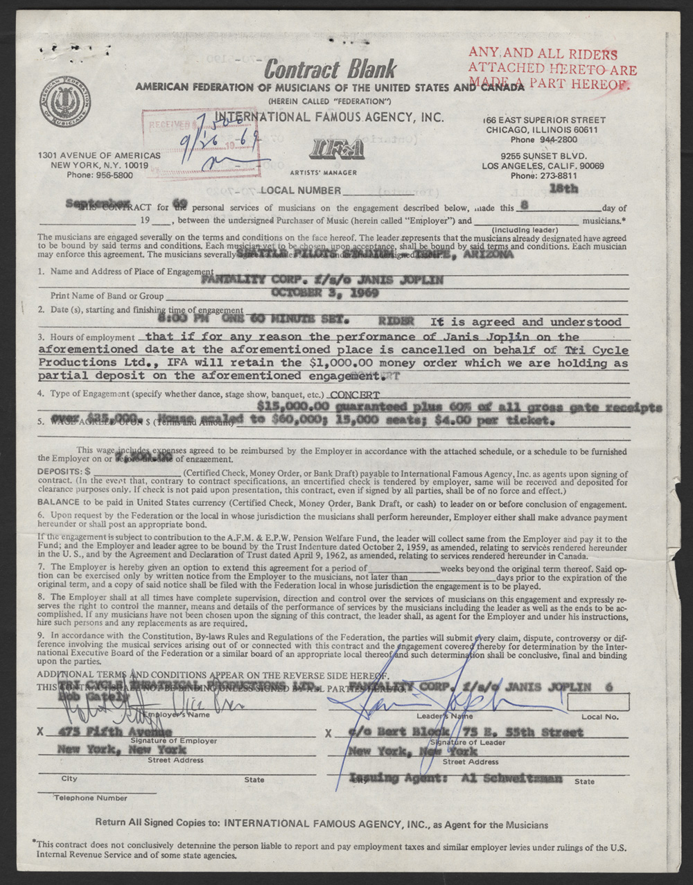 Lot Detail - Janice Joplin 1969 Signed Contract