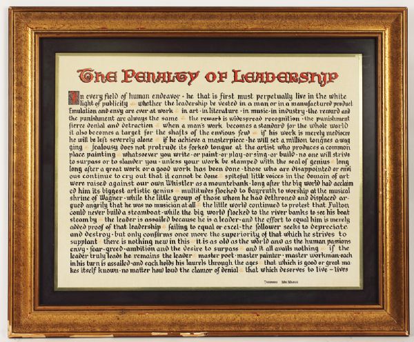 Elvis Presley Owned Personal 1967 "Penalty of Leadership" Handwritten Calligraphy by Janelle McComb        
