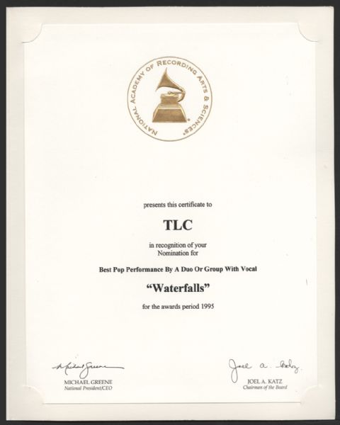 TLC "Waterfalls" Original Grammy Nomination Certificate