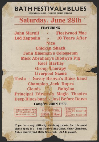 Lot Detail - Led Zeppelin Original 1969 Bath Festival Handbill