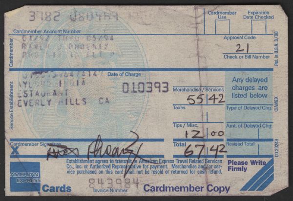 Lot Detail - River Phoenix Signed American Express Receipt