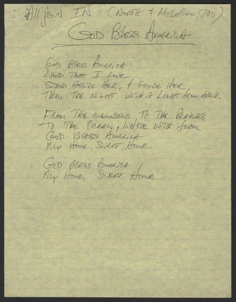 Aretha Franklin Handwritten "God Bless America" Lyrics