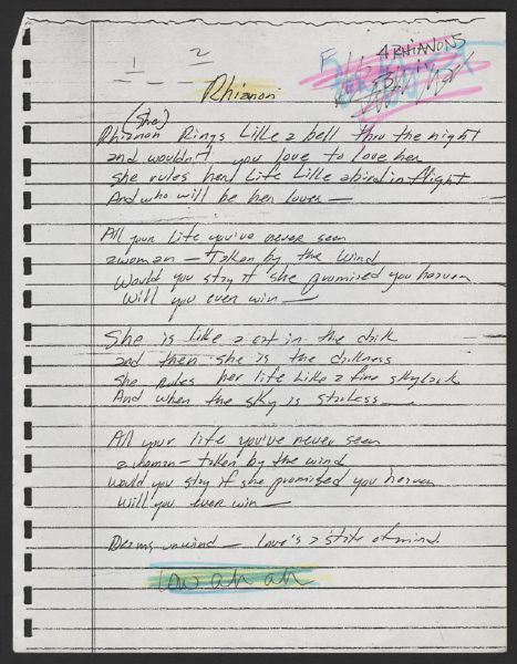 Stevie Nicks Hand Annotated "Rhiannon" Lyrics