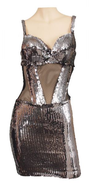 B-52s Kate Pierson "Cosmic Thing Tour" Stage Worn Custom Made Silver Sequin Sheer Dress