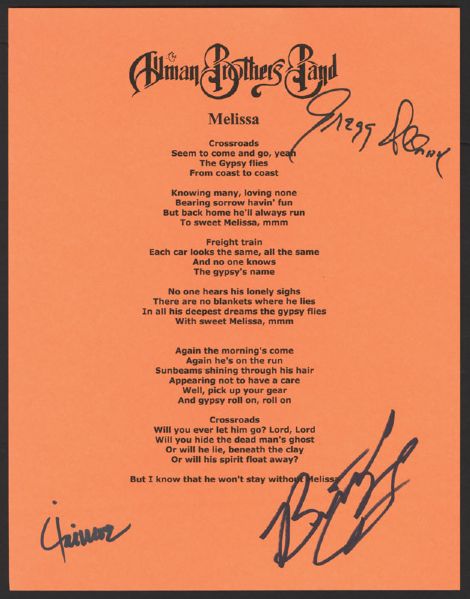 Allman Brothers Signed "Melissa" Lyrics