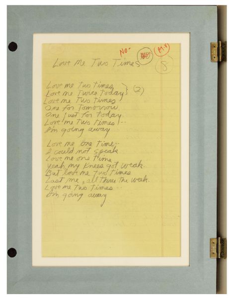 The Doors Jim Morrison “Love Me Two Times" and "My Eyes Have Seen You" Original Handwritten Lyrics