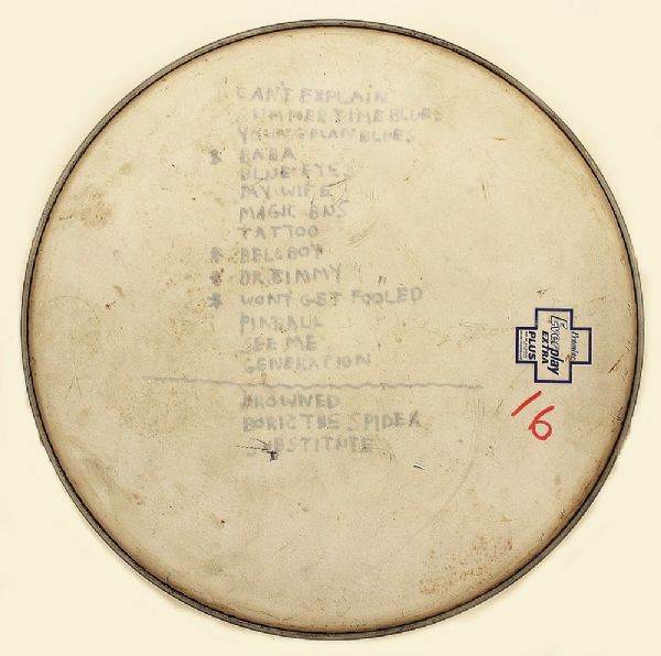 The Who 1974 Tour Stage Used Keith Moon Drum Head With His Handwritten Set List