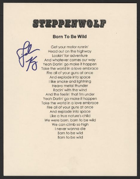 Steppenwolf John Kay Signed "Born To Be Wild" Lyrics