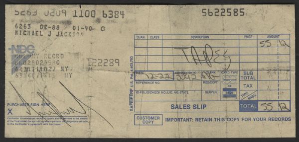 Michael Jackson Signed Credit Card Sales Slip