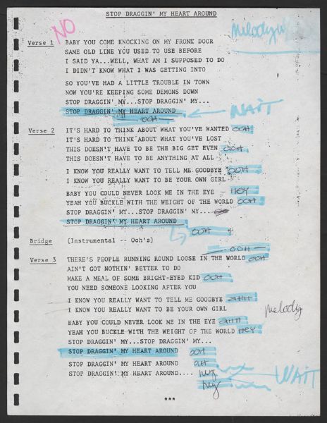 Stevie Nicks Hand Annotated "Stop Draggin My Heart Around" Lyrics