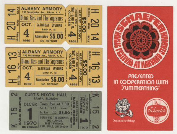 Concert Ticket Collection and Handbill Featuring Eric Clapton, The Supremes