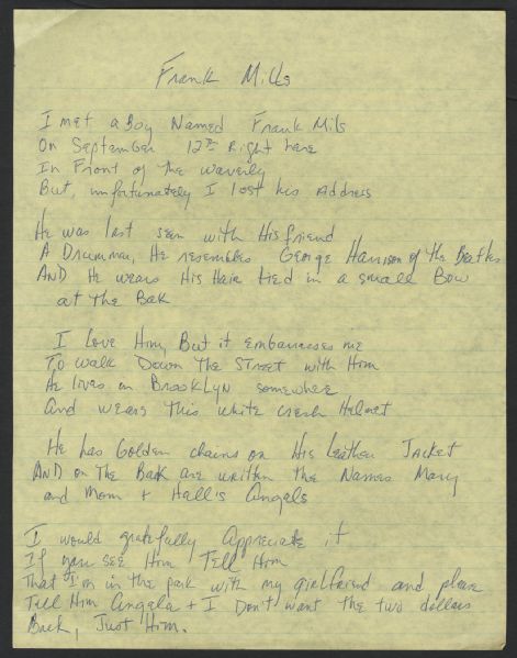 Aretha Franklin Handwritten "Frank Mills" Lyrics 