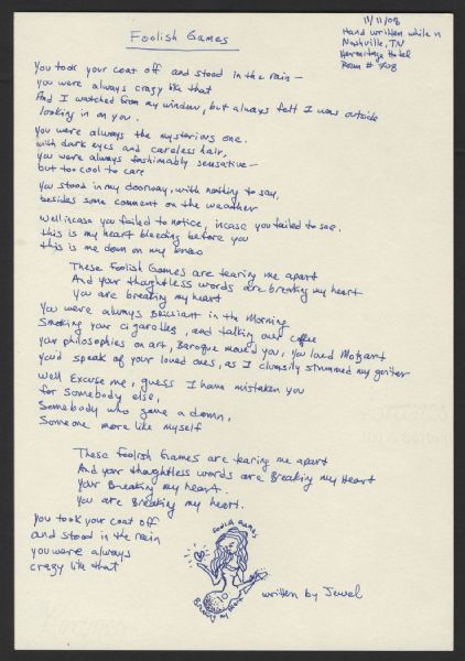 Lot Detail Jewel Handwritten Foolish Games Lyrics With Drawing