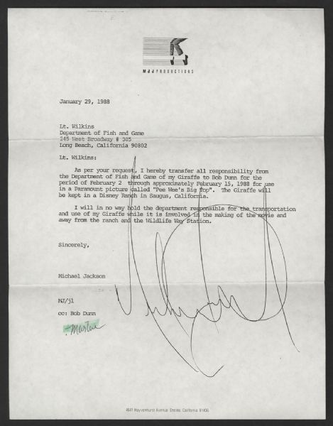 Michael Jackson Signed MJJ Productions Letter