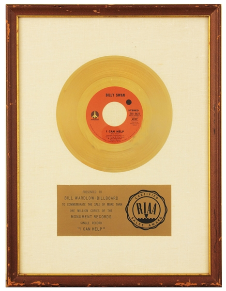 Billy Swan "I Can Help" Original RIAA White Matte Gold Single Record Award