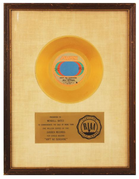 Bill Withers "Aint No Sunshine" Original RIAA White Matte Record Award