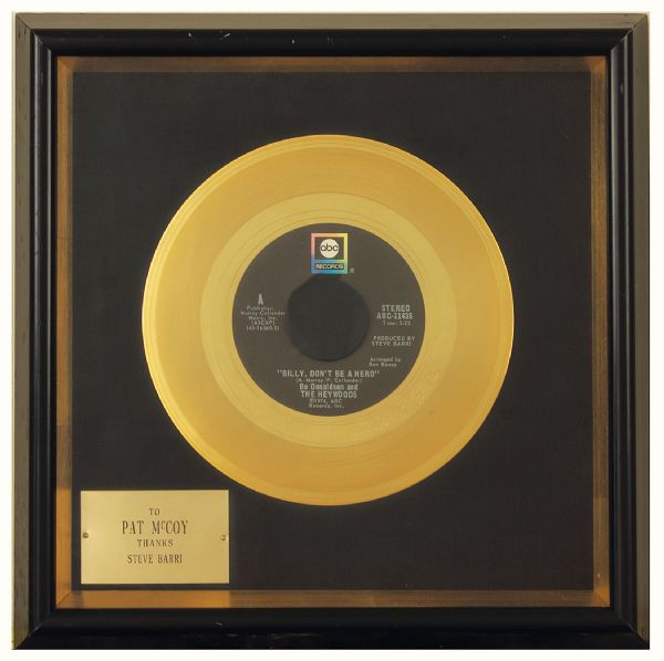 Bo Donaldson and The Heywoods "Billy, Dont Be A Hero" Original Gold Record Award