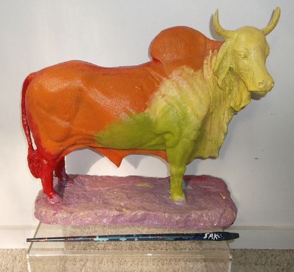 Steve Kaufman Painted and Signed Cow Statue and Signed & Used Paint Brush