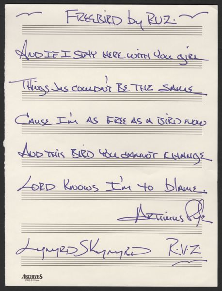 Artimus Pyle Handwritten & Signed Lynyrd Skynyrd "Freebird" Lyrics