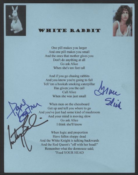 Jefferson Airplane Signed "White Rabbit" Lyrics Sheet