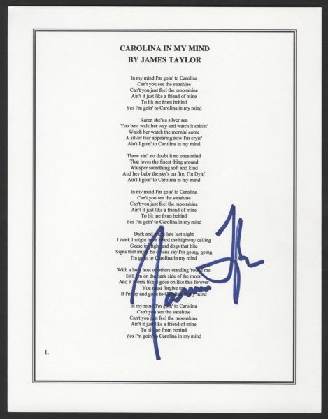 James Taylor Signed "Carolina On My Mind" Lyrics Sheet