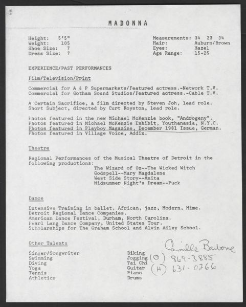 Madonna Original Resume and Photograph